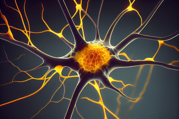 Illustrazione concettuale delle cellule neuronali con nodi di collegamento luminosi Blu verde Neuroni nel cervello con effetto focus Sinapsi e cellule neuronali che inviano segnali chimici elettrici Ai generativa