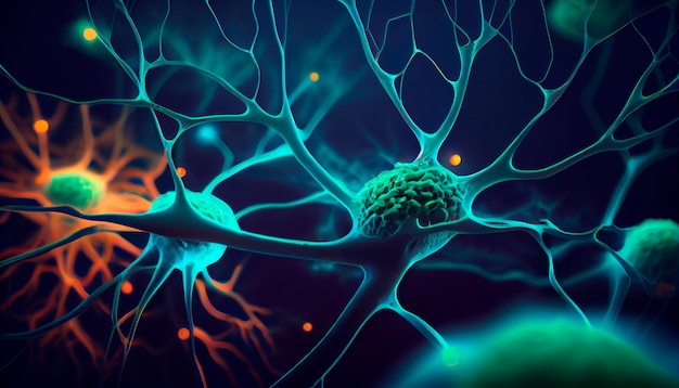 Illustrazione concettuale delle cellule neuronali con nodi di collegamento luminosi Blu verde Neuroni nel cervello con effetto focus Sinapsi e cellule neuronali che inviano segnali chimici elettrici IA generativa