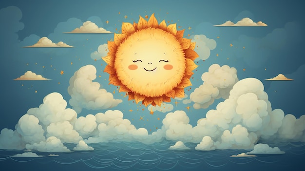Illustrazione concettuale di cartoni animati di favole di infanzia felice e giocosa sorridente sole giallo generato da AI