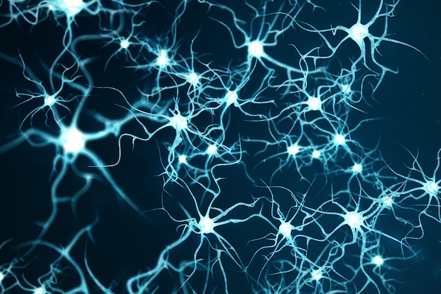 Illustrazione concettuale di cellule neuronali con nodi di collegamento incandescente. Neuroni nel cervello con effetto di messa a fuoco. Cellule Synapse e Neuron che inviano segnali chimici elettrici. Illustrazione 3D