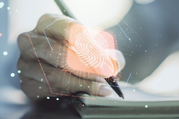 Illustrazione creativa astratta dell'impronta digitale con la scrittura della mano della donna nel diario sullo sfondo concetto di dati biometrici personali Multiesposizione