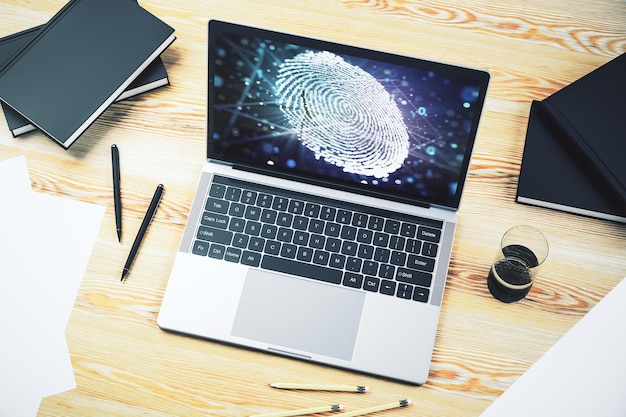 Illustrazione creativa astratta delle impronte digitali sul moderno concetto di accesso digitale del monitor portatile Rendering 3D