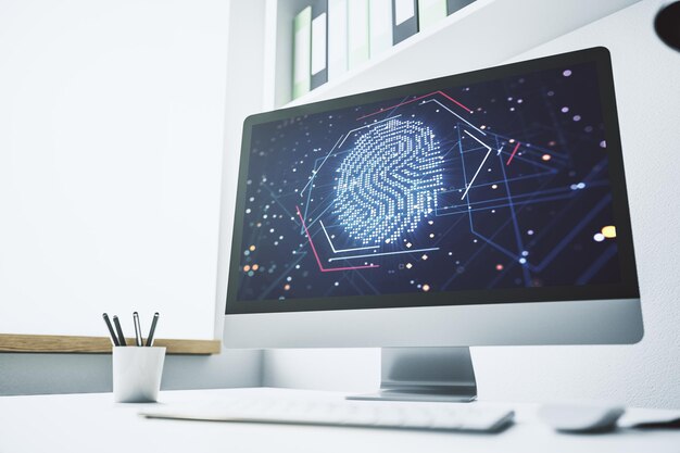 Illustrazione creativa astratta delle impronte digitali sul moderno concetto di accesso digitale del monitor portatile Rendering 3D