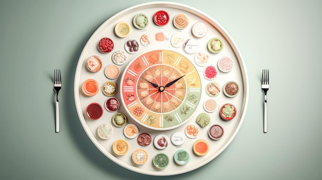 Illustrazione creativa con un orologio a forma di piatto di cibo generativo ai