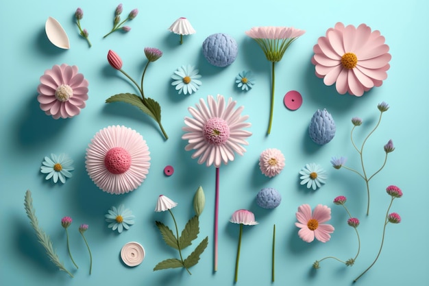 Illustrazione creativa concetto di fiori primaverili su sfondo blu pastello IA generativa