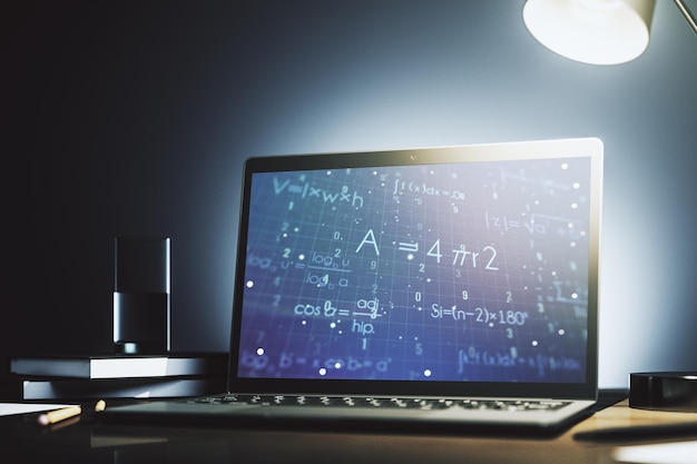 Illustrazione creativa della formula scientifica sul moderno monitor del computer Scienza e concetto di ricerca Rendering 3D