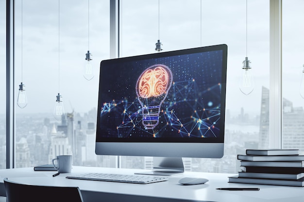 Illustrazione creativa della lampadina con il cervello umano sul concetto moderno di tecnologia del monitor del computer