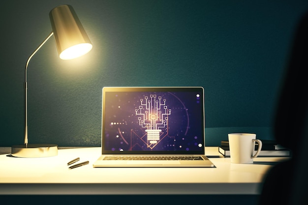 Illustrazione creativa della lampadina con microcircuito sul moderno monitor del computer concetto di tecnologia futura 3D Rendering