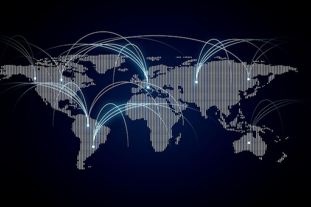 Illustrazione creativa della mappa della terra punteggiata con connessioni mondiali Comunicazioni e concetto di commercio globale Rendering 3D