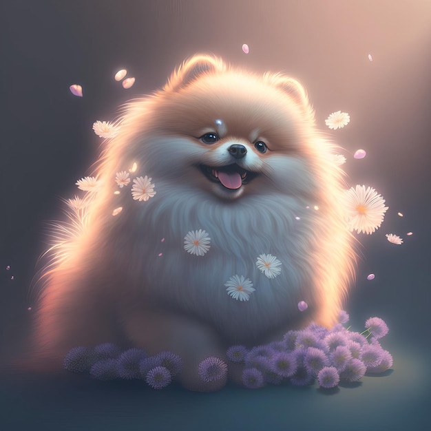 Illustrazione cucciolo di cane seduto con fiori stile fiaba per bambini IA generativa