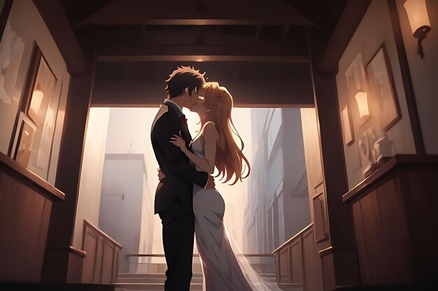 illustrazione d'amore bacio anime a vicenda scena romantica e futuristica