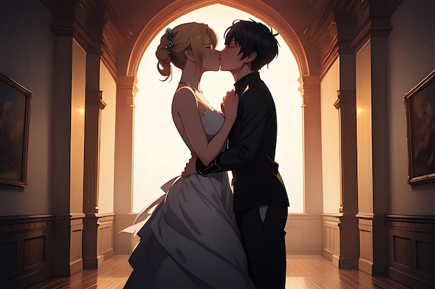 illustrazione d'amore bacio anime a vicenda scena romantica e futuristica