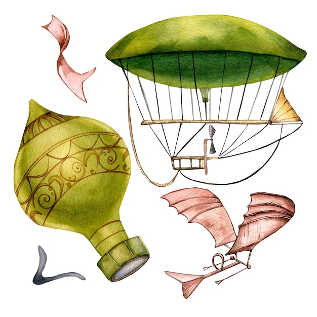 Illustrazione d'annata dell'acquerello del baloon di aria calda dirigibile isolata