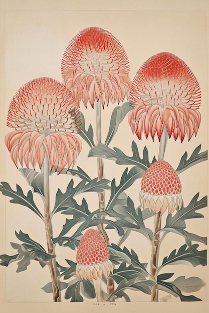 Illustrazione d'epoca di fiori di protea rossa