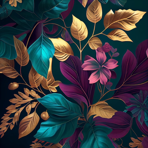Illustrazione d'epoca di mix di fiori e foglie con oro