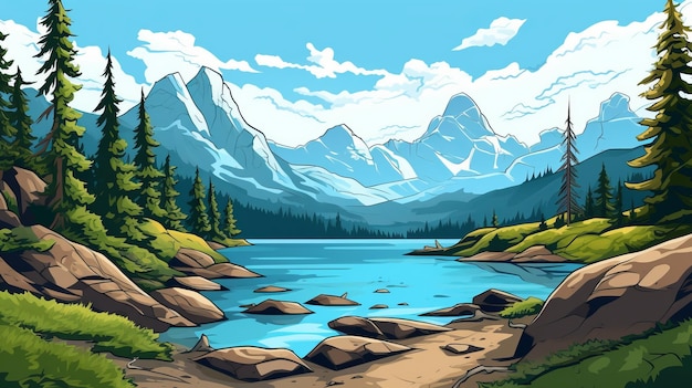 Illustrazione da cartone animato ultra dettagliata del lago e delle montagne di Whistlerian