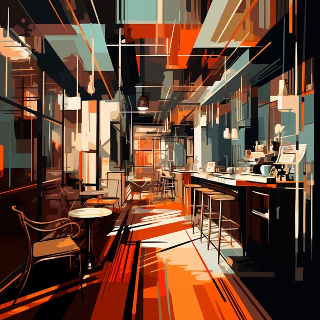 illustrazione dai colori vivaci di un ristorante con bar e sedie ai creative