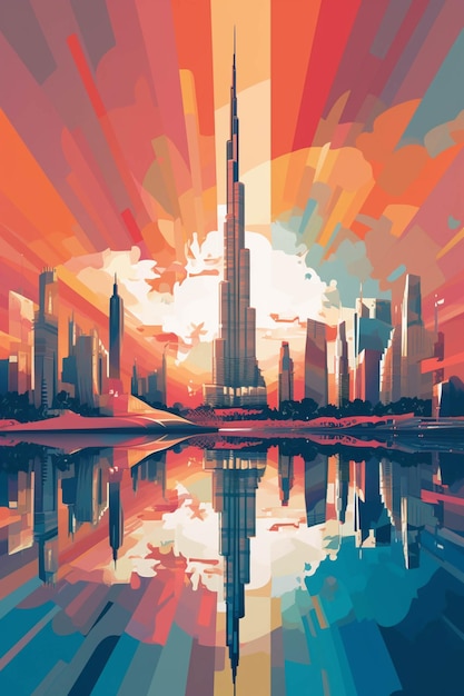 Illustrazione dai colori vivaci di uno skyline della città con un lago di fronte ai generativa