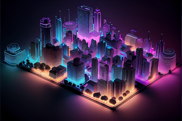 Illustrazione degli edifici isometrici della capitale nei colori al neon AI