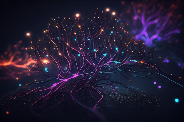 Illustrazione degli impulsi di comunicazione delle particelle e dei neuroni in colore al neon AI