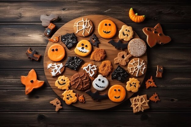 Illustrazione dei biscotti di Halloween su uno sfondo di legno scuro e spettrale IA generativa