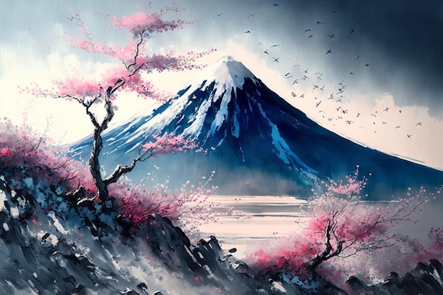 Illustrazione dei fiori di ciliegio di montagna Fuji e primavera sakura