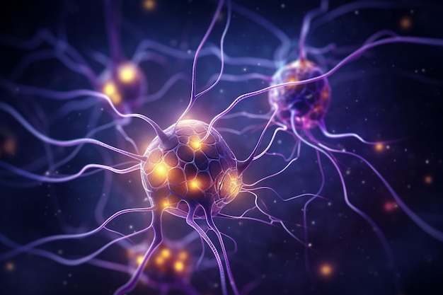 Illustrazione dei neuroni cerebrali Primo piano viola Visualizzazione della mente AI generativa