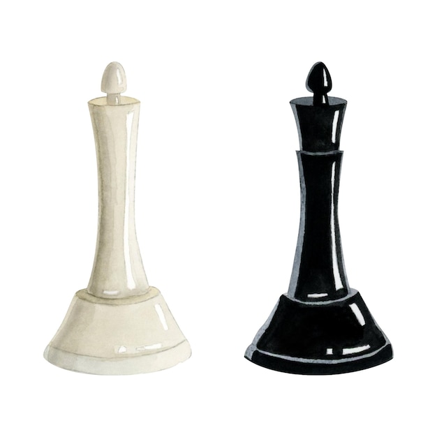 Illustrazione dei pezzi in bianco e nero della regina degli scacchi acquerello Figurine realistiche per il giorno degli scacchi