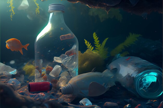 Illustrazione dei rifiuti di bottiglie di plastica che galleggiano nell'acqua di mare AI