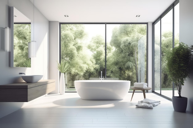 Illustrazione del bagno moderno con grandi finestre francesi AI generativa
