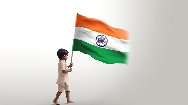 Illustrazione del bambino con bandiera indiana per il Giorno dell'Indipendenza India e il giorno della Repubblica Generativo Ai