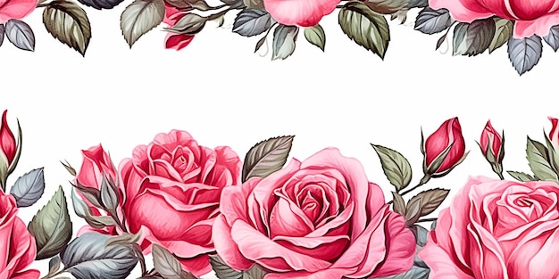 Illustrazione del bordo senza cuciture dell'acquerello con foglie verdi di fiori vividi rosa brillante