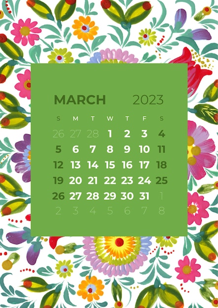 Illustrazione del calendario mensile di 2023 anni di fiori e foglie, fiori, sfondo floreale petrykivka