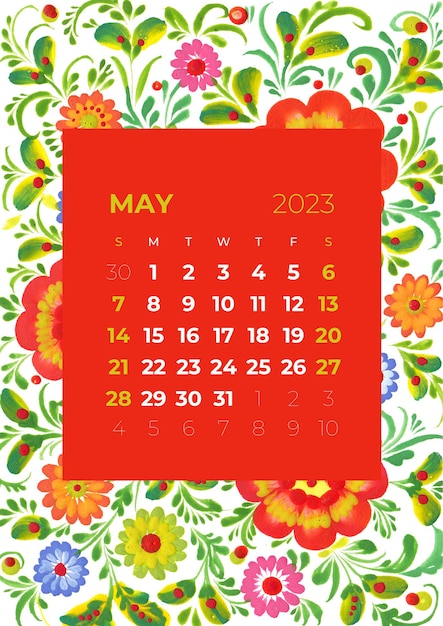 Illustrazione del calendario mensile di 2023 anni di fiori e foglie, fiori, sfondo floreale petrykivka