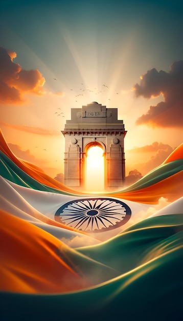 Illustrazione del cancello dell'India al tramonto con la grande bandiera indiana ondulata