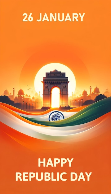 Illustrazione del cancello dell'India con bandiera indiana ondulata