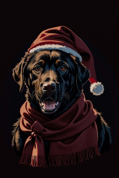 Illustrazione del cane di Natale nel cappello di Babbo Natale dipinto di un cane che indossa un cappello