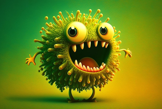 Illustrazione del carattere divertente del virus verde con faccia felice isolata su giallo IA generativa