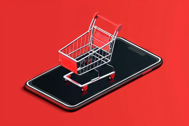 illustrazione del carrello della spesa su uno schermo di smartphone su sfondo rosso concetto di e-commerce