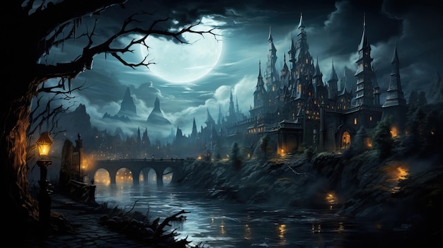 Illustrazione del castello fantasy con paesaggio mistico
