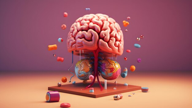 Illustrazione del cervello Sintomi della malattia Concetto di salute mentale Illustrazione dello sfondo 3D