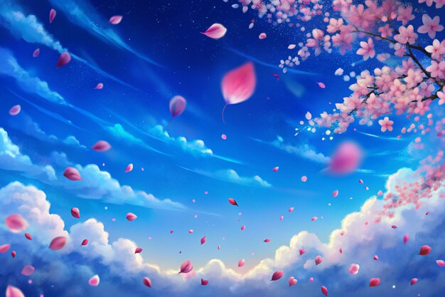 Illustrazione del cielo blu e dei petali di fiori di ciliegio che cadono sullo sfondo primaverile sakura giapponese