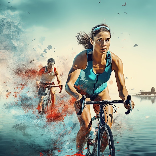 illustrazione del collage sportivo Triathlon Uomo donna che corre nuoto