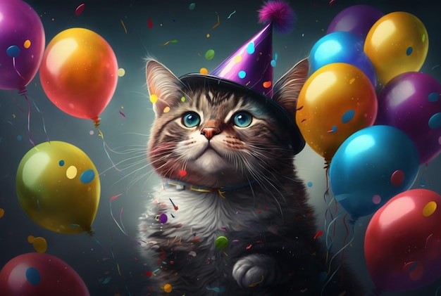 Illustrazione del compleanno di un simpatico gatto Con cappello e palloncino AI generativa