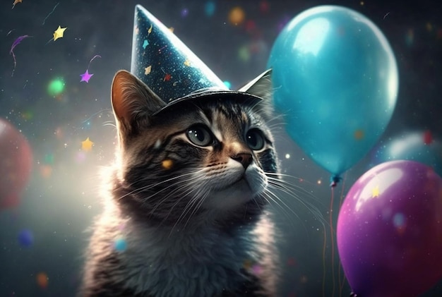 Illustrazione del compleanno di un simpatico gatto Con cappello e palloncino AI generativa