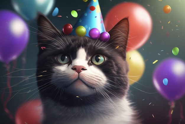 Illustrazione del compleanno di un simpatico gatto Con cappello e palloncino AI generativa