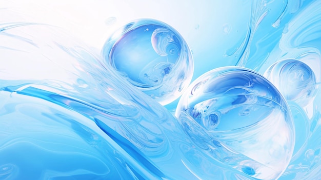Illustrazione del concetto di bolle d'aria in acqua su sfondo blu cosmetico trasparente