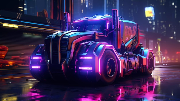 Illustrazione del concetto di camion cyberpunk futuristico sull'autostrada
