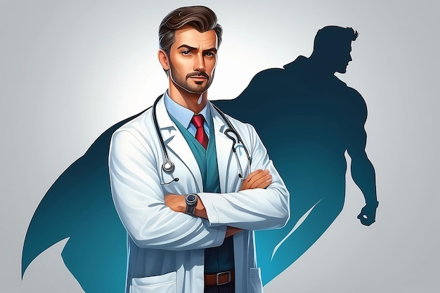 Illustrazione del concetto di dottore eroe di un medico bello e sicuro in piedi con le braccia piegate con l'ombra del supereroe