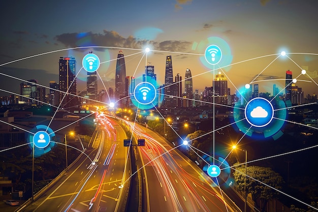 Illustrazione del concetto di rete di comunicazione della città intelligente con ologrammi